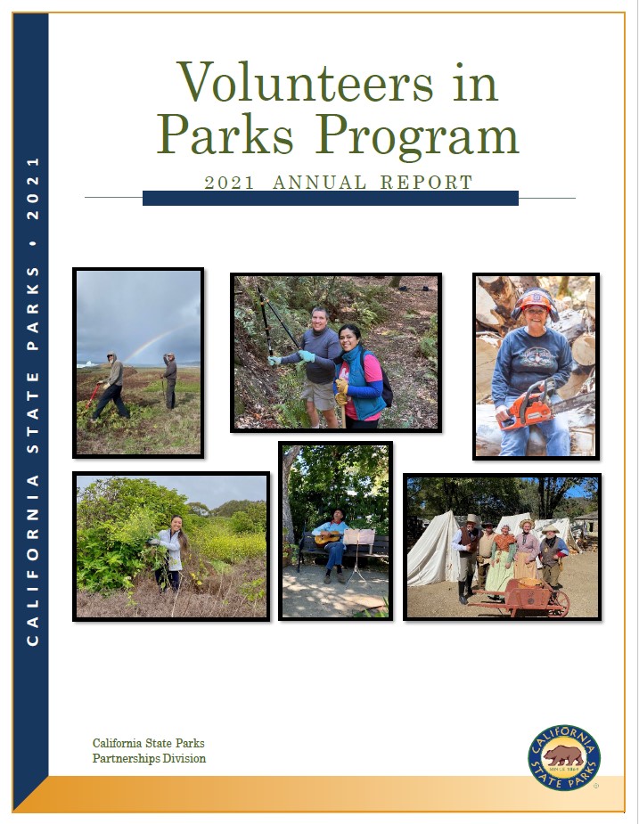 2021 annual report cover with photos of volunteers serving in parks
